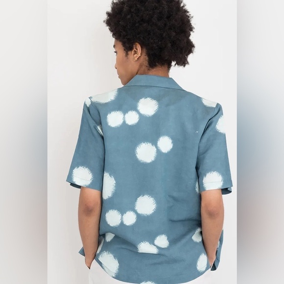 Folk Indigo Dot Soft Collar Linen Short Sleeve Button Up 3 Medium - Picture 3 of 8